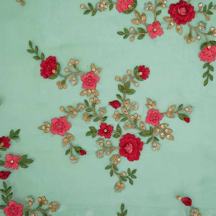 Saanjh Jaal on Aqua Green Silk Organza Embroidered Fabric