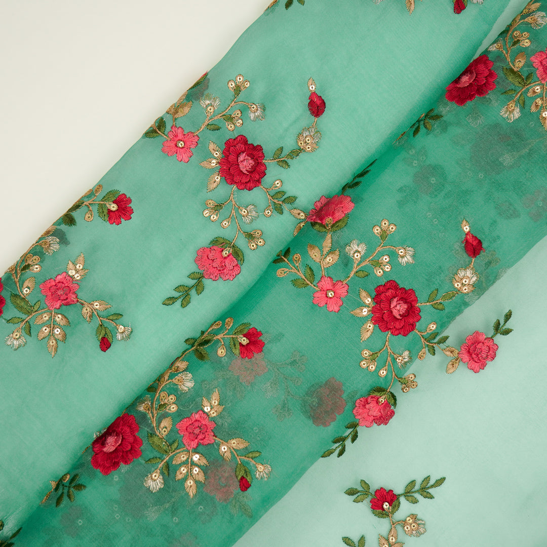 Saanjh Jaal on Aqua Green Silk Organza Embroidered Fabric