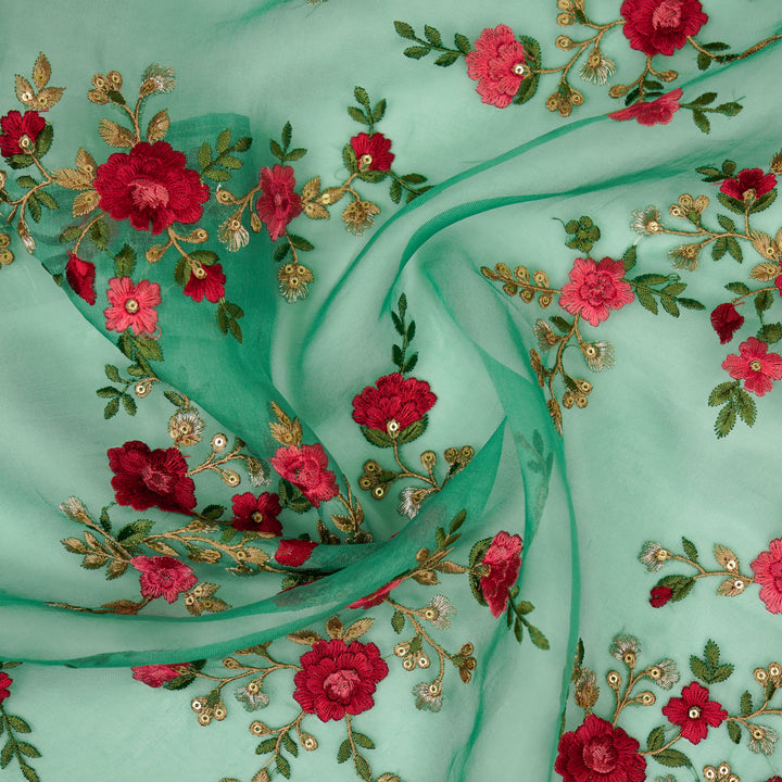 Saanjh Jaal on Aqua Green Silk Organza Embroidered Fabric