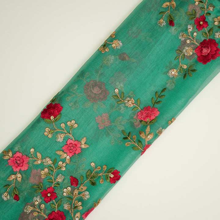 Saanjh Jaal on Aqua Green Silk Organza Embroidered Fabric