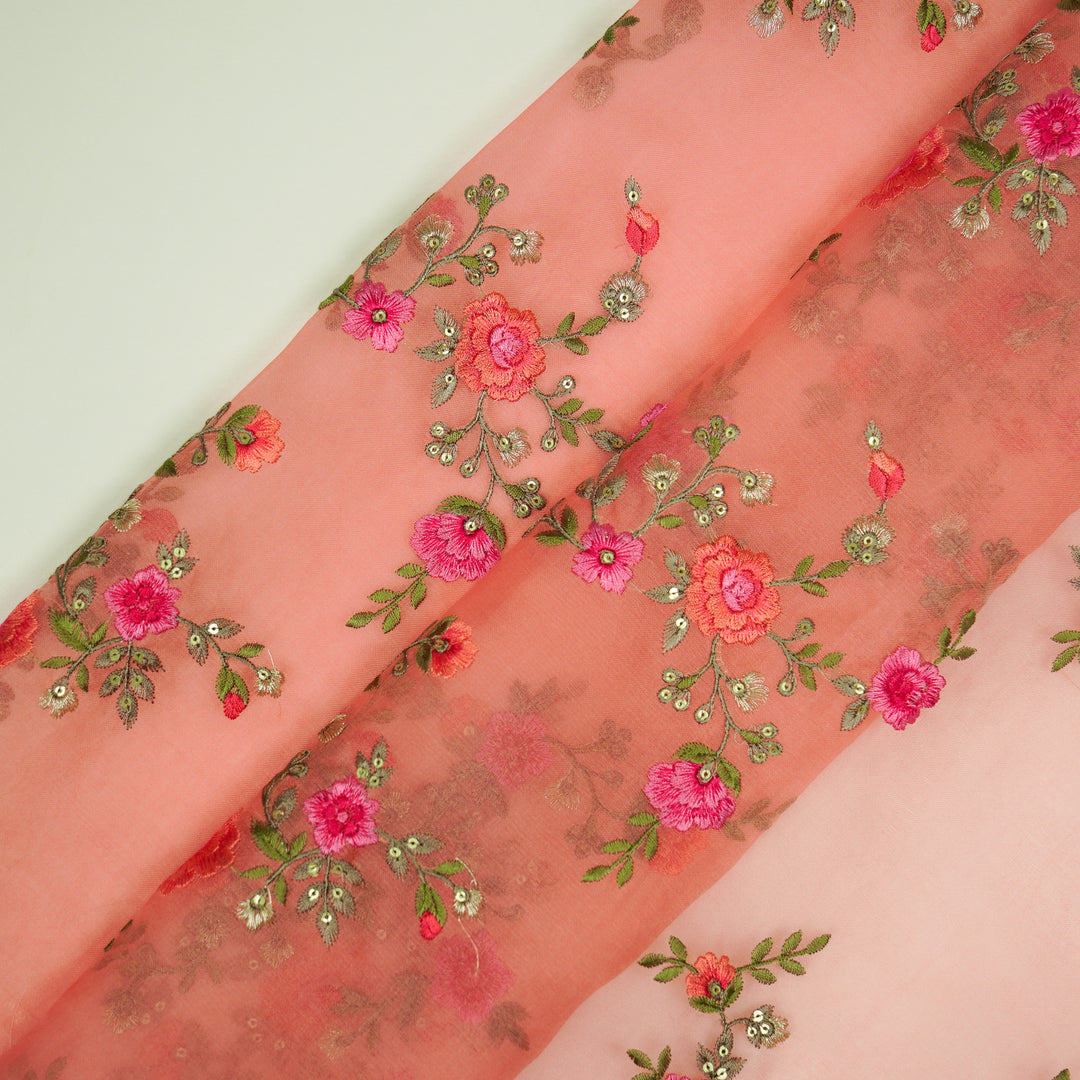Saanjh Jaal on Peach Silk Organza Embroidered Fabric