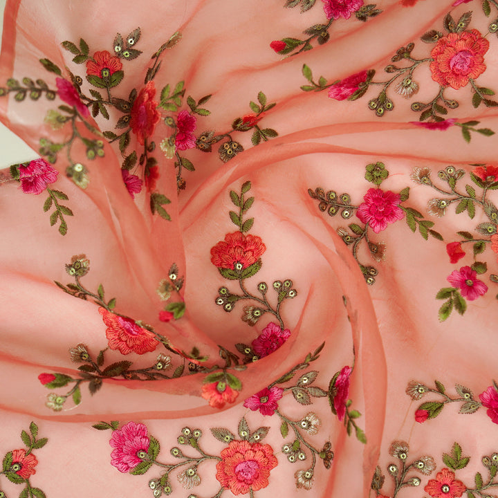 Saanjh Jaal on Peach Silk Organza Embroidered Fabric