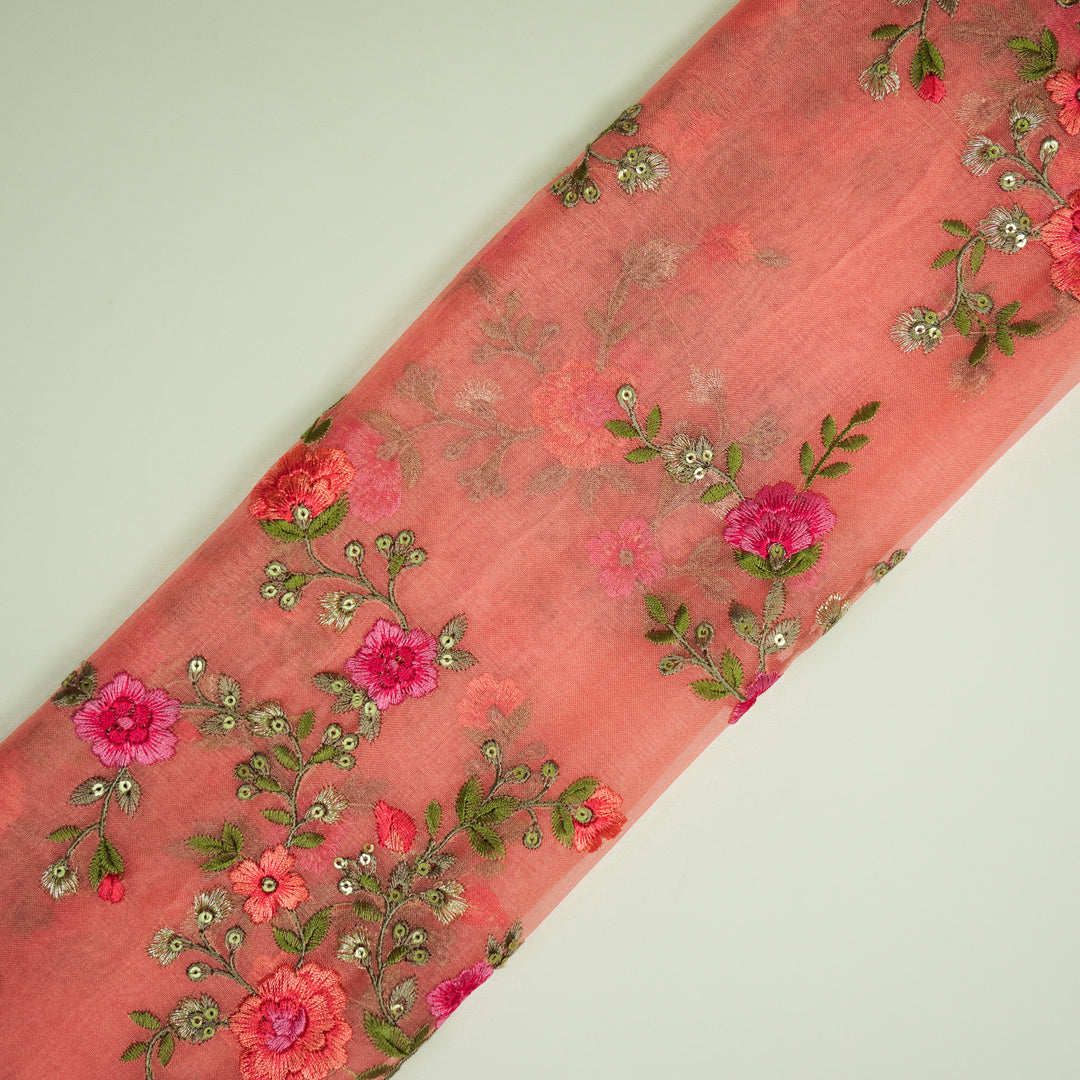 Saanjh Jaal on Peach Silk Organza Embroidered Fabric