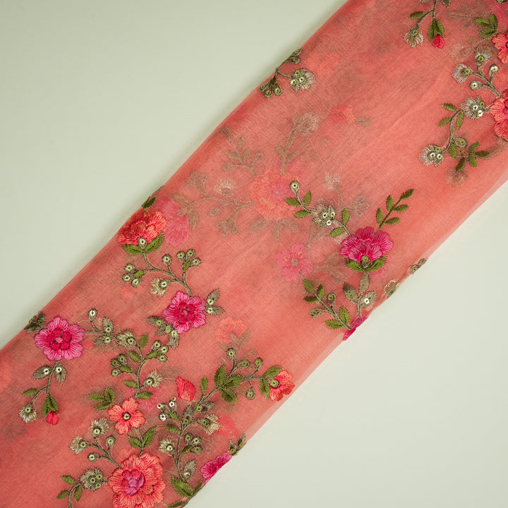 Saanjh Jaal on Peach Silk Organza Embroidered Fabric