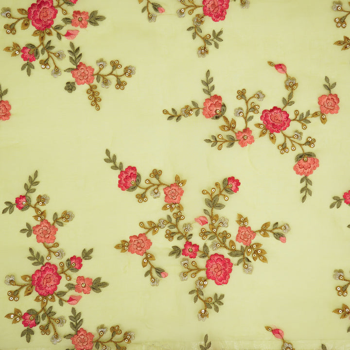 Saanjh Jaal on Lemon Silk Organza Embroidered Fabric