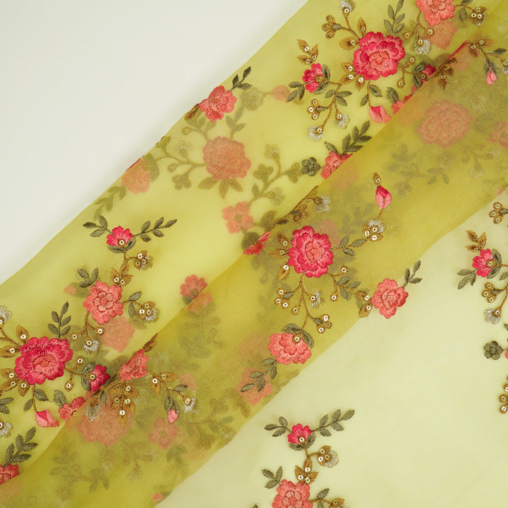 Saanjh Jaal on Lemon Silk Organza Embroidered Fabric