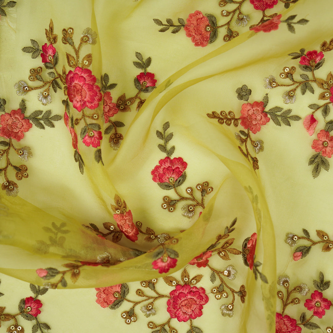 Saanjh Jaal on Lemon Silk Organza Embroidered Fabric