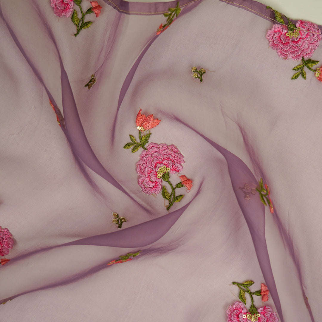 Guldan Buta on Aubergine Silk Organza Embroidered Fabric