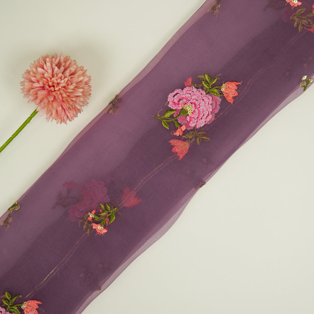 Guldan Buta on Aubergine Silk Organza Embroidered Fabric