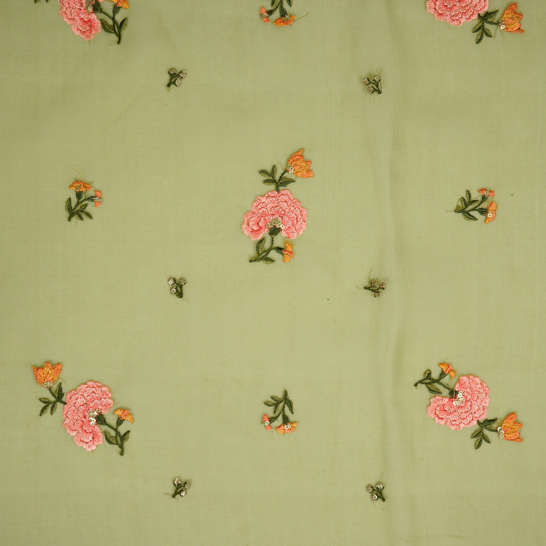 Guldan Buta on Olive Silk Organza Embroidered Fabric