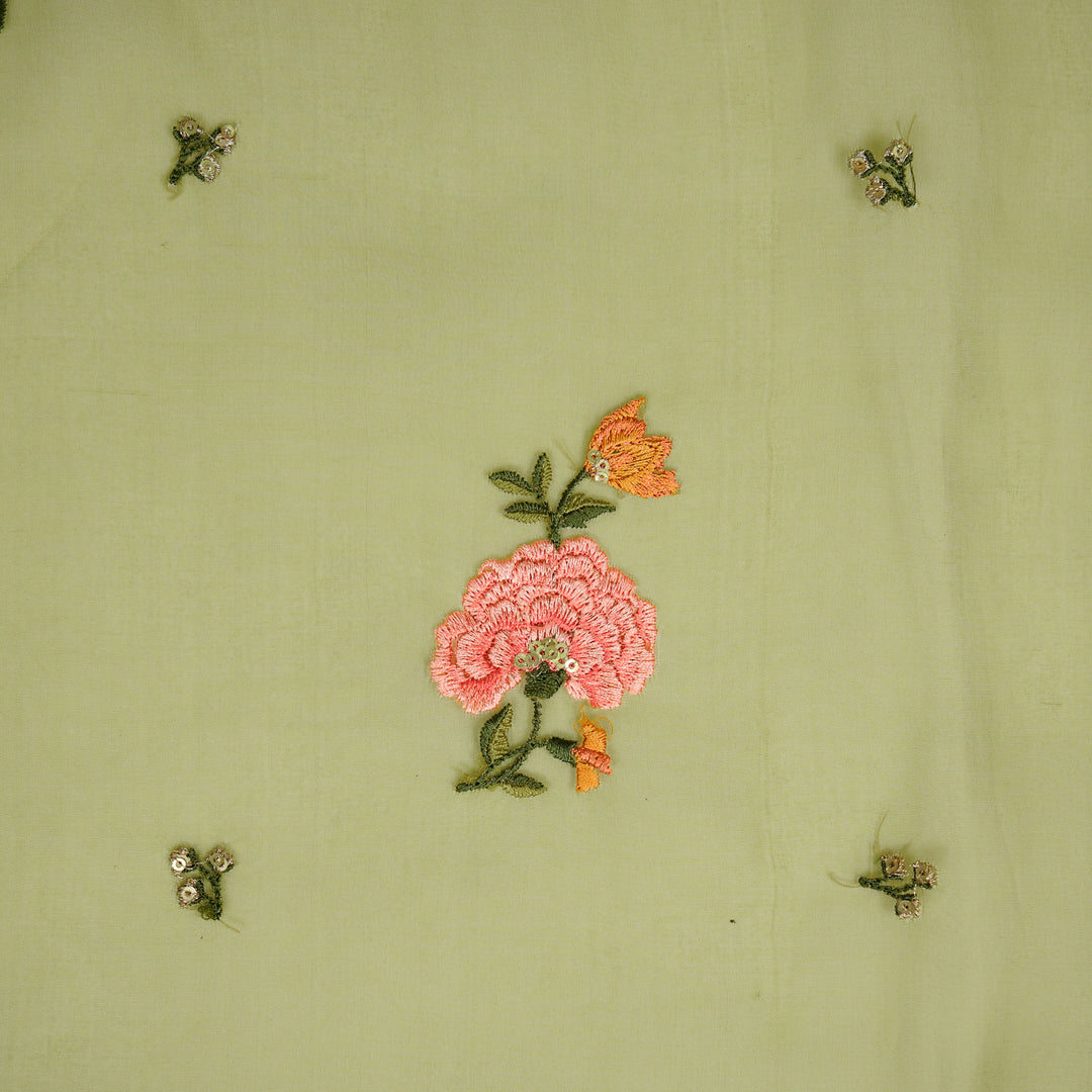 Guldan Buta on Olive Silk Organza Embroidered Fabric