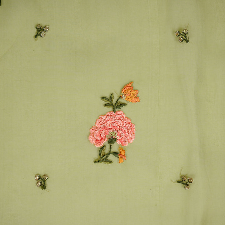 Guldan Buta on Olive Silk Organza Embroidered Fabric