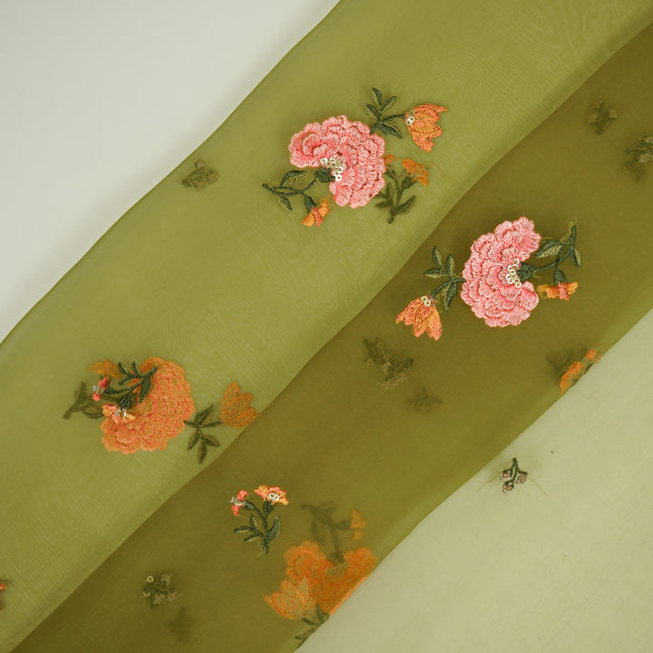 Guldan Buta on Olive Silk Organza Embroidered Fabric