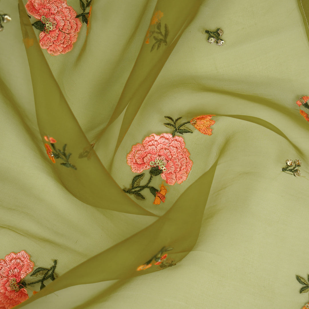 Guldan Buta on Olive Silk Organza Embroidered Fabric