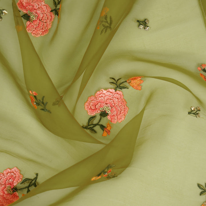 Guldan Buta on Olive Silk Organza Embroidered Fabric
