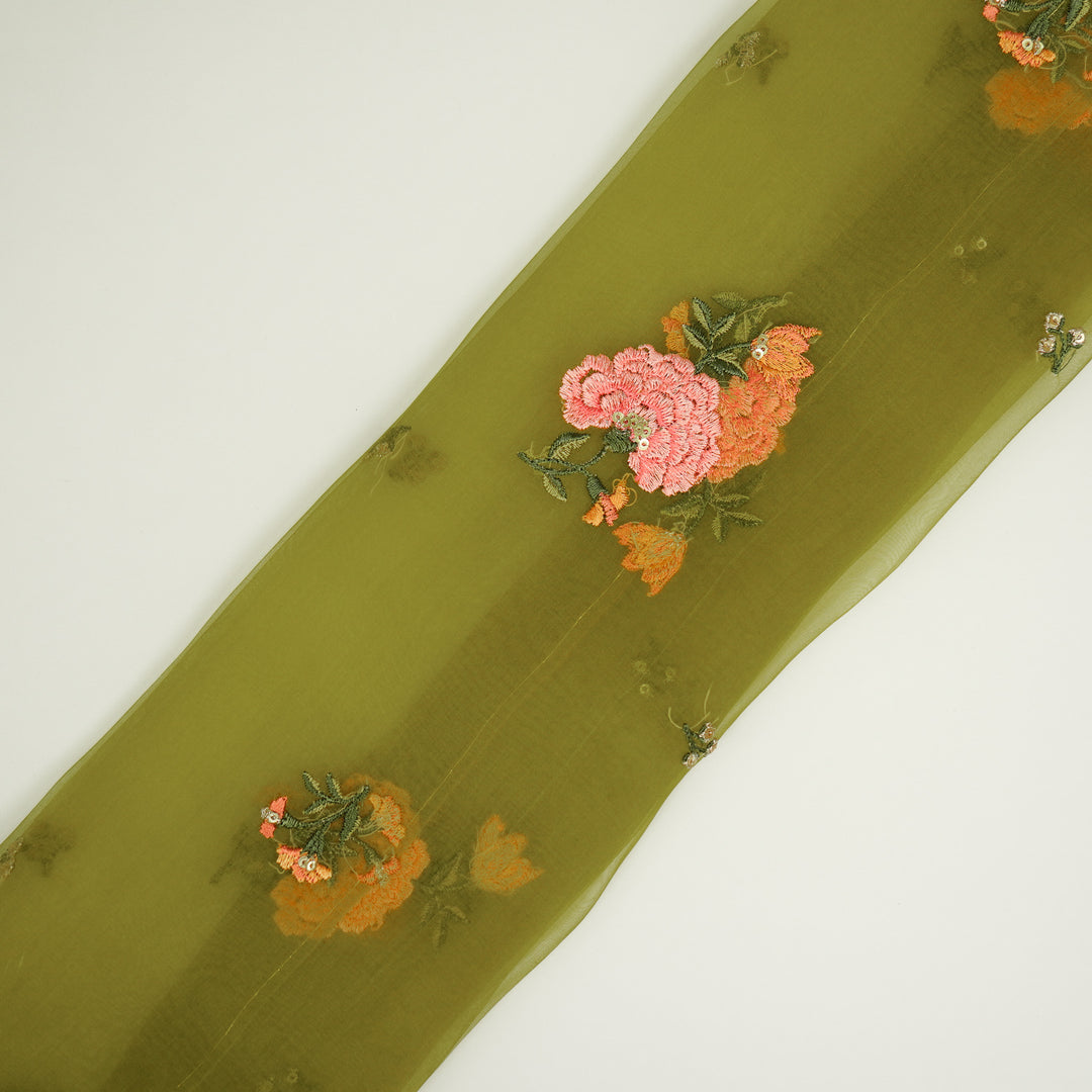 Guldan Buta on Olive Silk Organza Embroidered Fabric