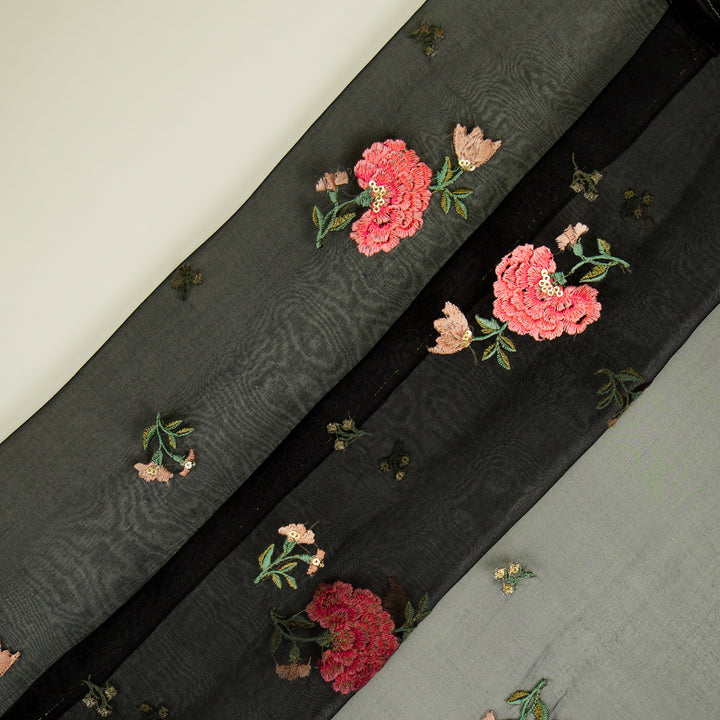 Guldan Buta on Black Silk Organza Embroidered Fabric