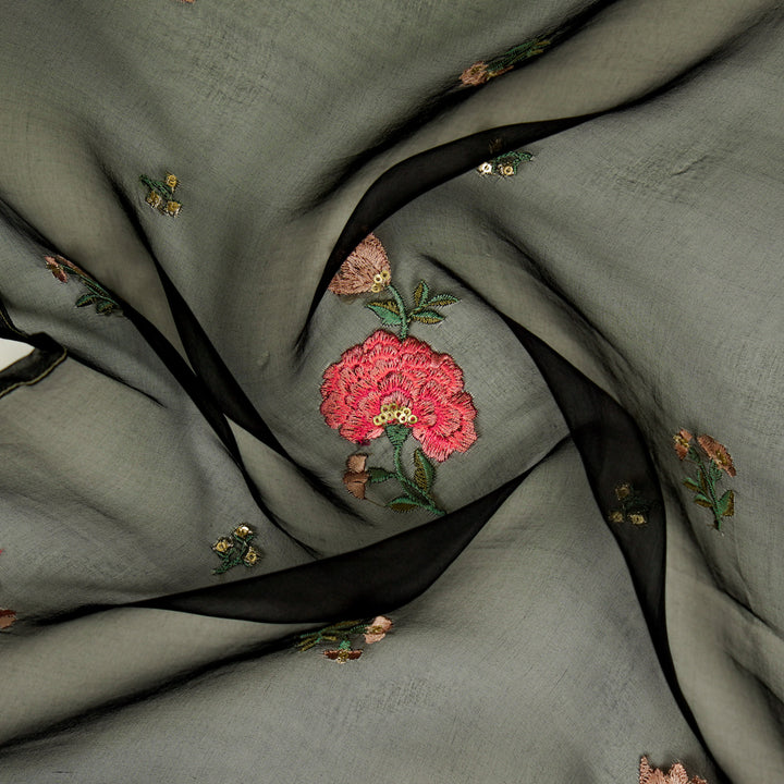 Guldan Buta on Black Silk Organza Embroidered Fabric