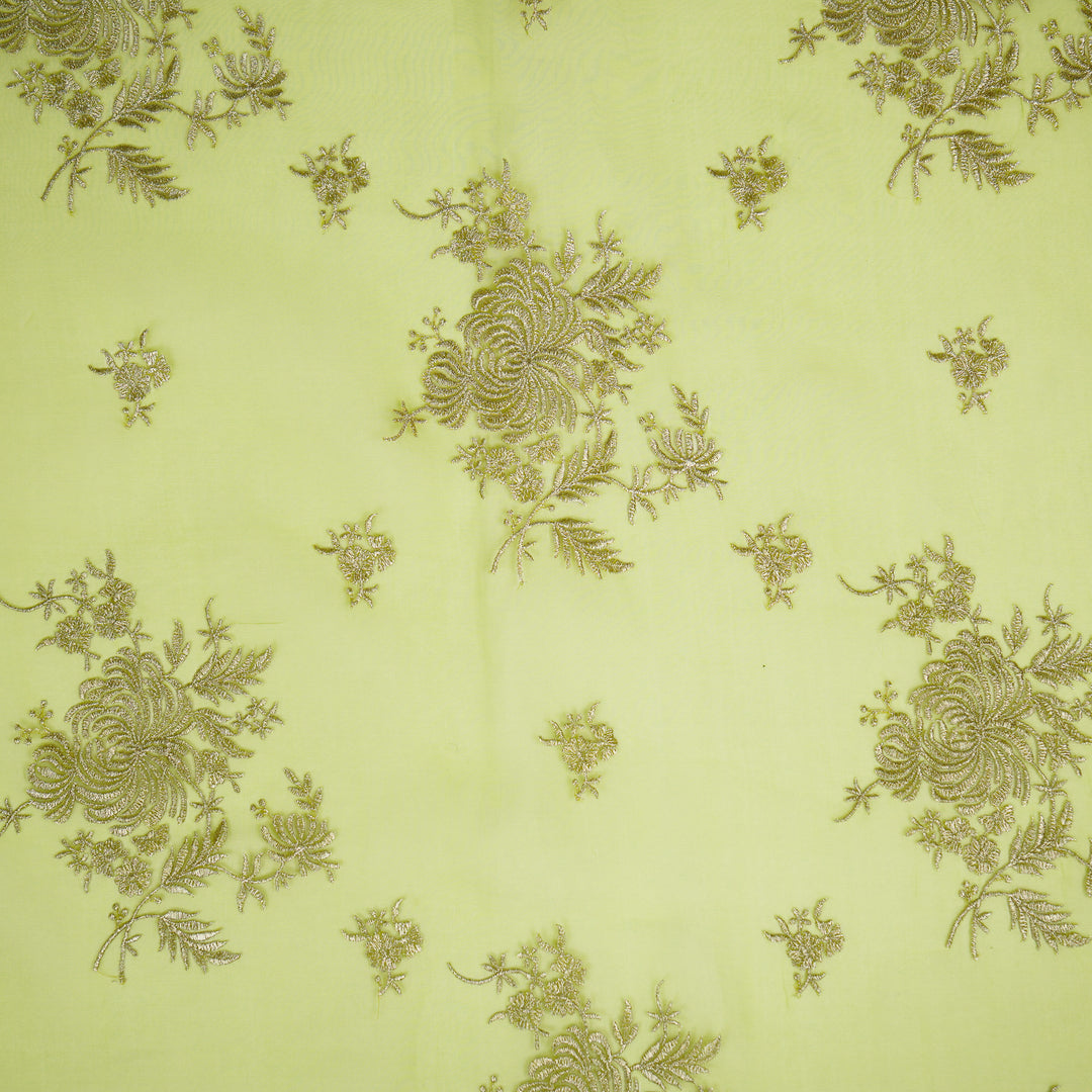 Zaraf Buta on Lime Green Silk Organza Embroidered Fabric