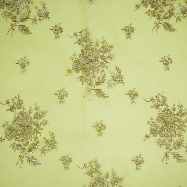 Zaraf Buta on Lime Green Silk Organza Embroidered Fabric