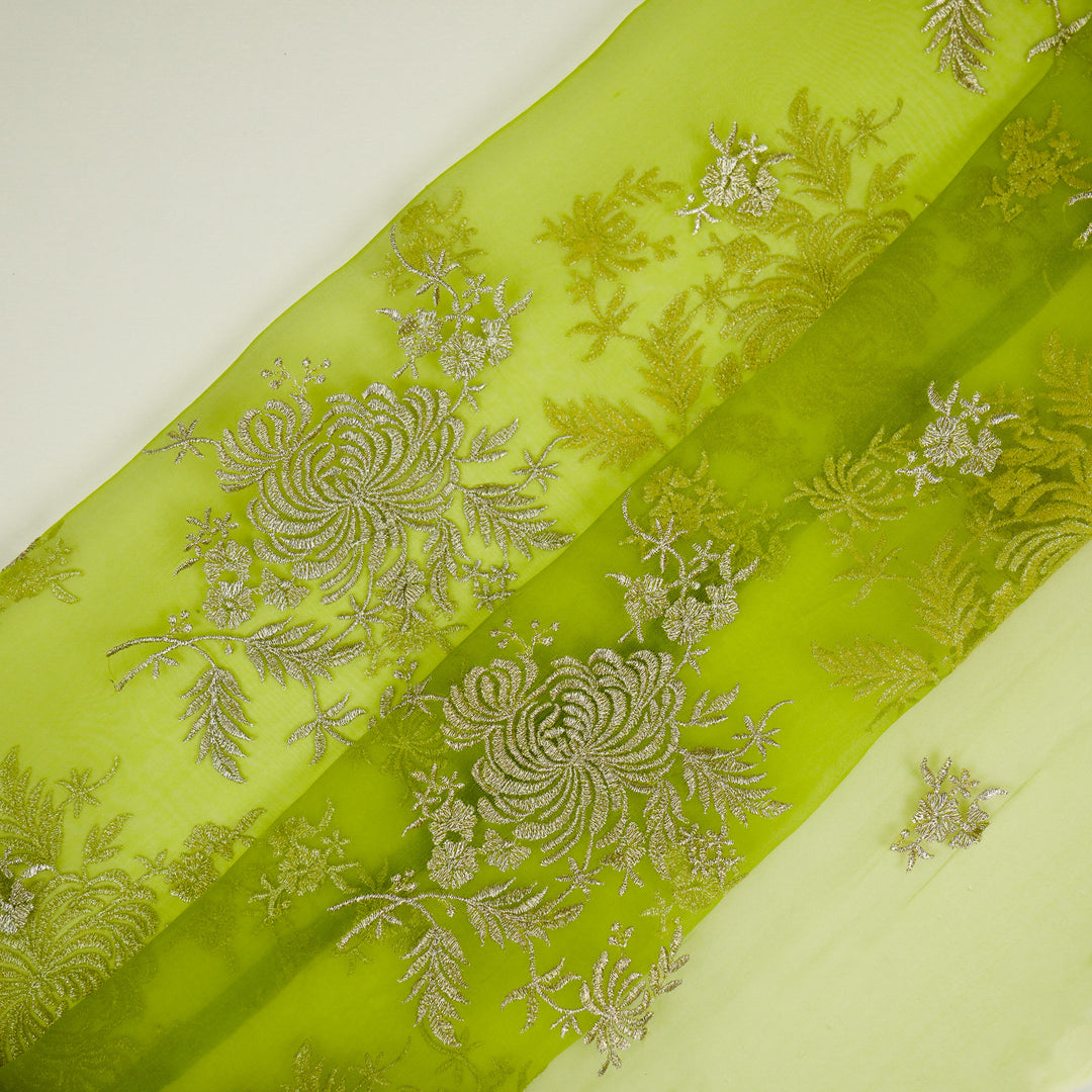 Zaraf Buta on Lime Green Silk Organza Embroidered Fabric