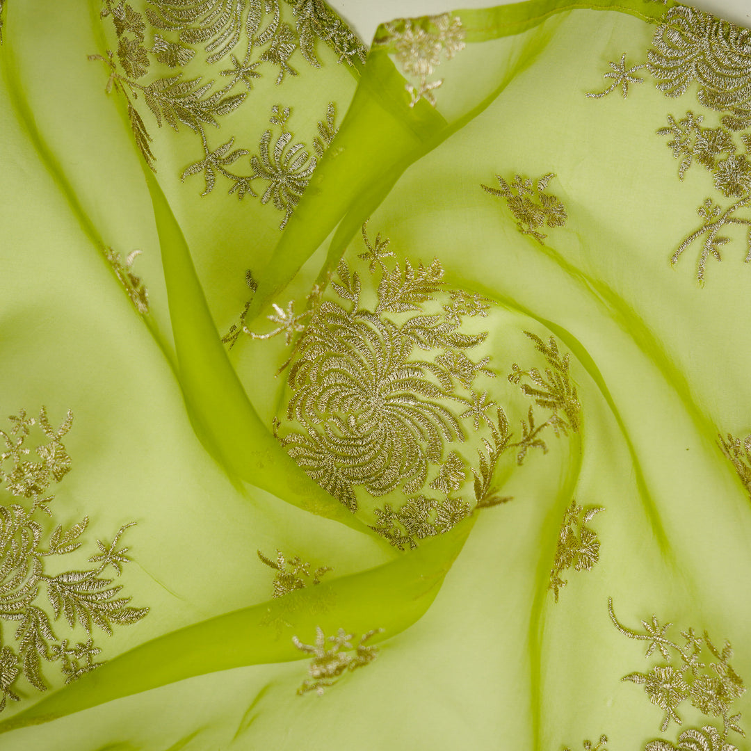 Zaraf Buta on Lime Green Silk Organza Embroidered Fabric