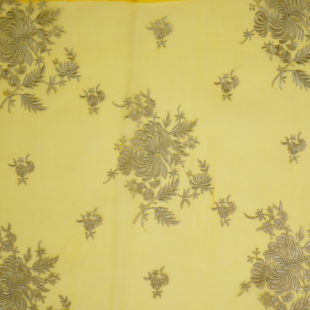 Zaraf Buta on Yellow Silk Organza Embroidered Fabric
