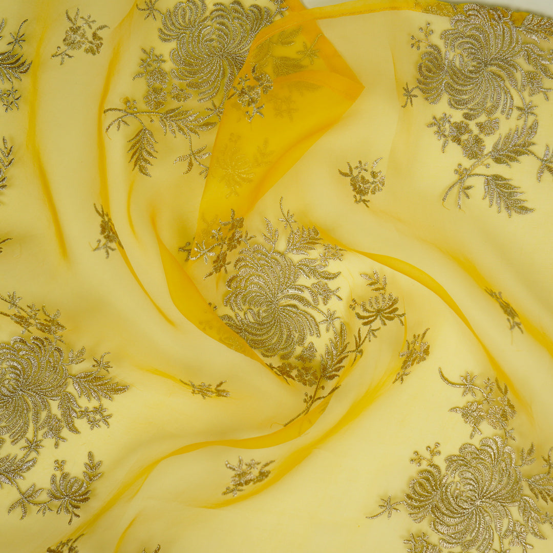Zaraf Buta on Yellow Silk Organza Embroidered Fabric