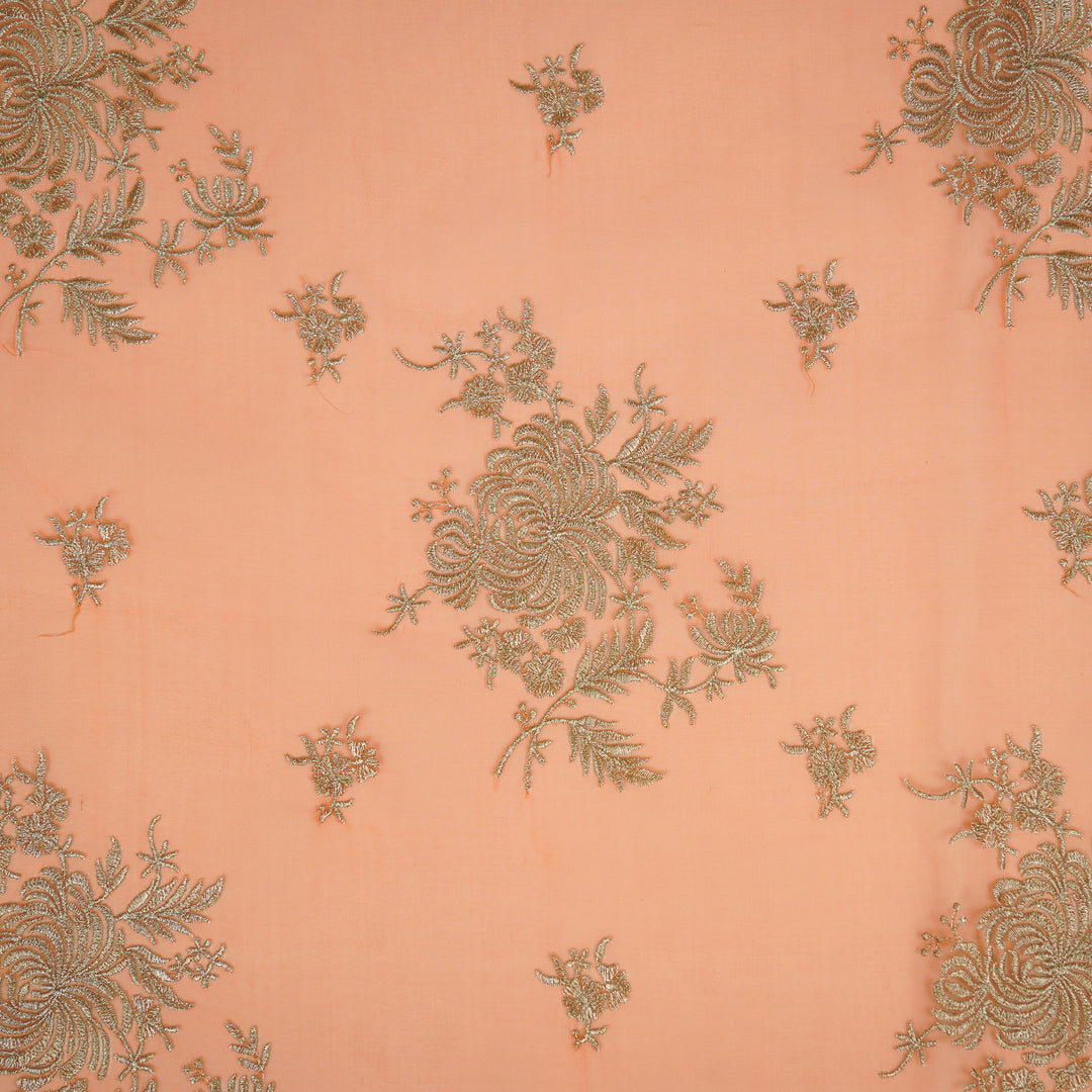 Zaraf Buta on Orange Silk Organza Embroidered Fabric
