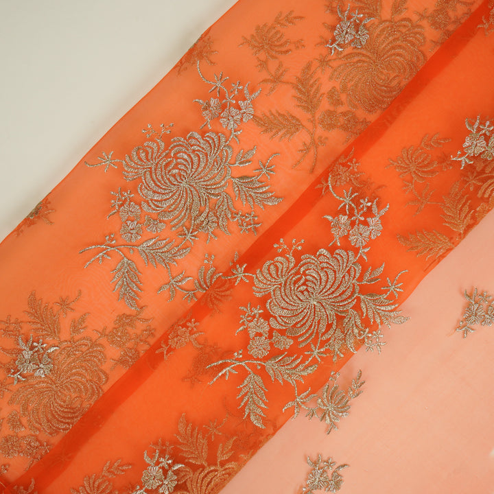 Zaraf Buta on Orange Silk Organza Embroidered Fabric