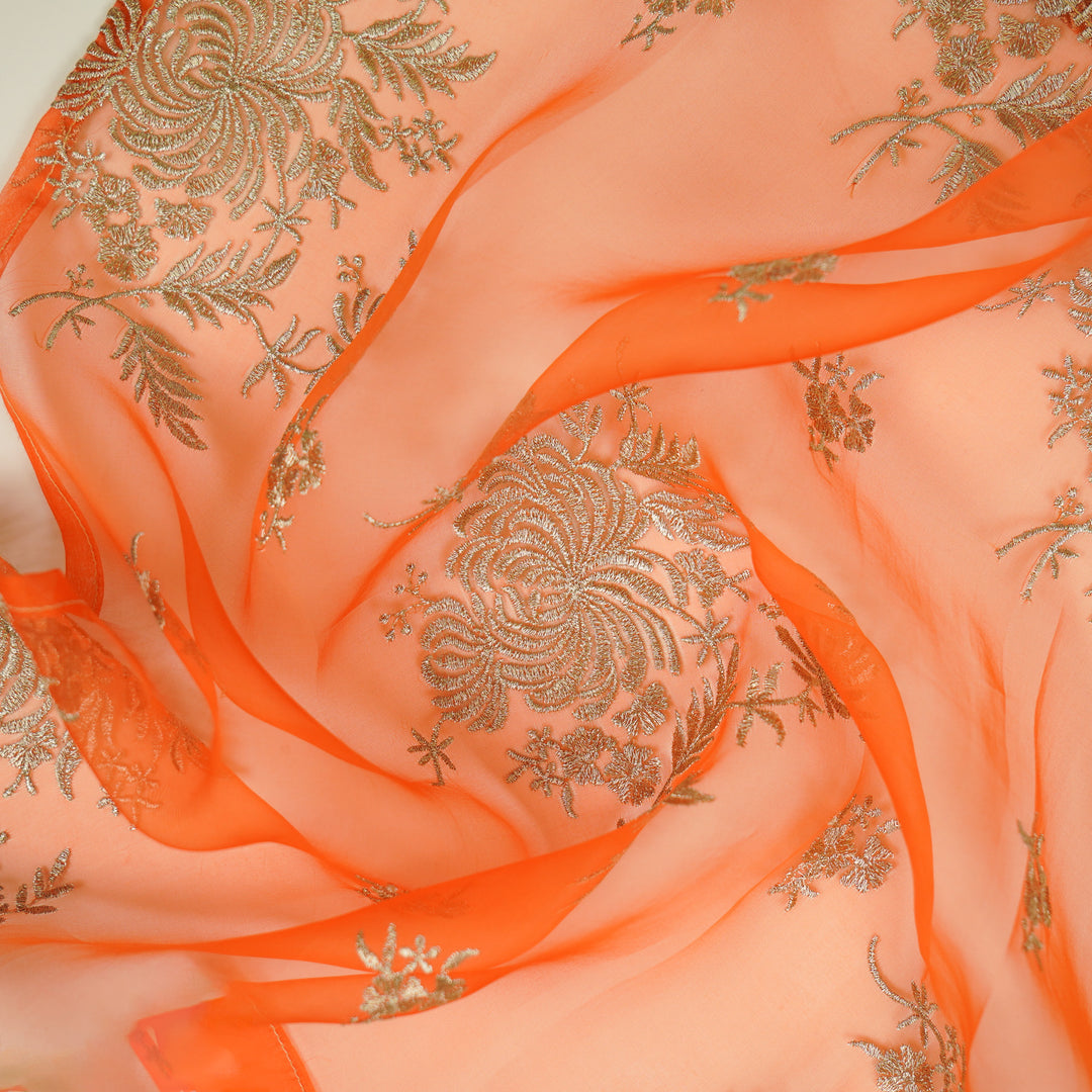 Zaraf Buta on Orange Silk Organza Embroidered Fabric