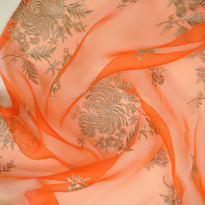 Zaraf Buta on Orange Silk Organza Embroidered Fabric