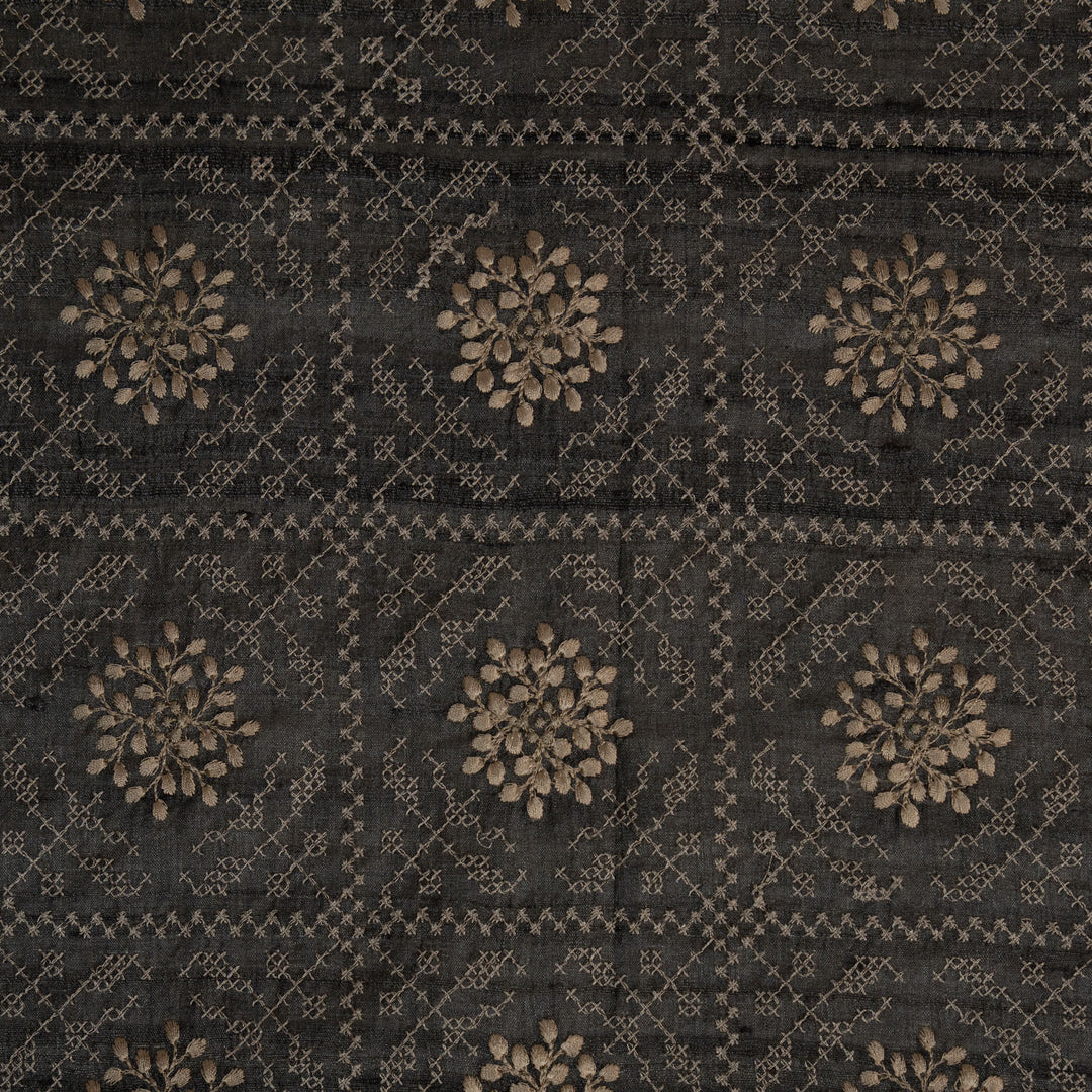 Black Tussar Silk Zara Jaal Embroidered Fabric