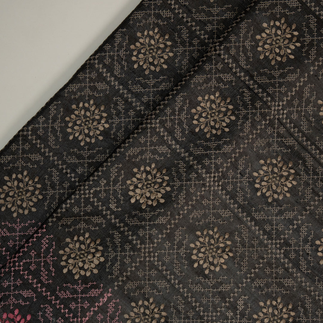 Black Tussar Silk Zara Jaal Embroidered Fabric