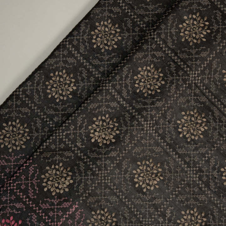 Black Tussar Silk Zara Jaal Embroidered Fabric