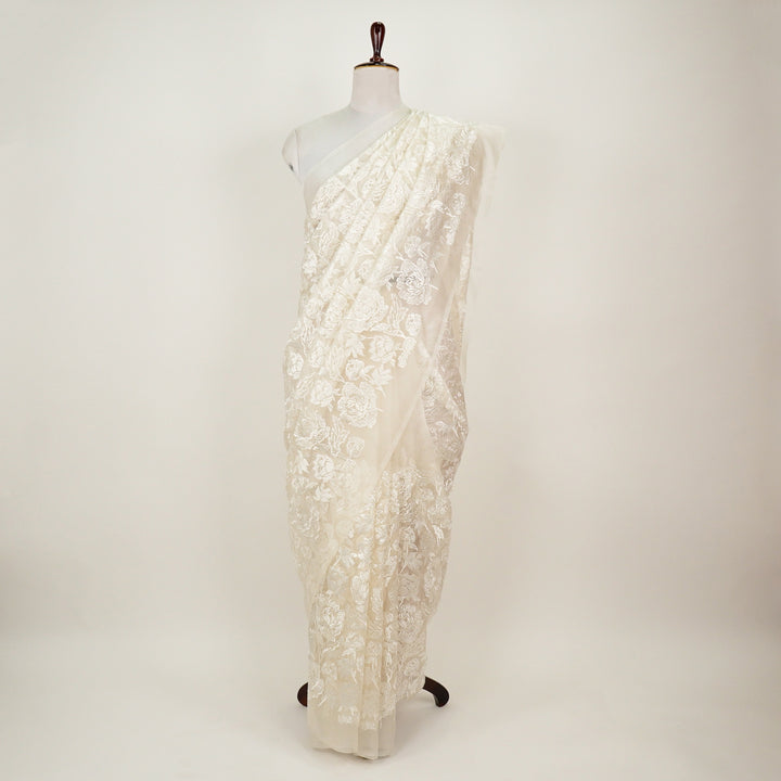 Elisha Jaal Embroidered Saree on Natural Ivory Silk Organza