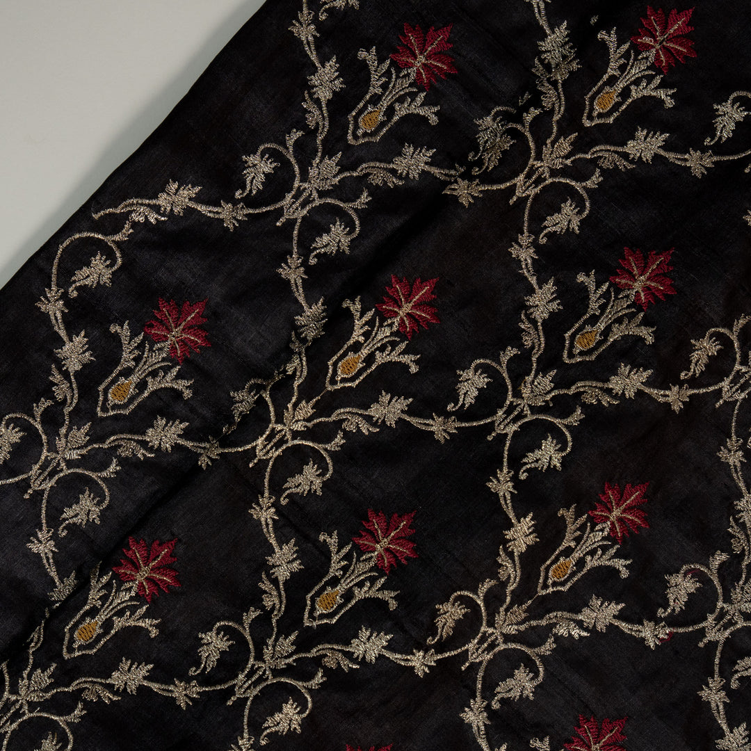 Black Tussar Silk Soheila Jaal Embroidered Fabric