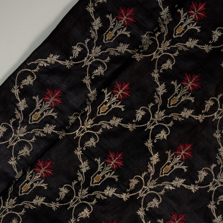 Black Tussar Silk Soheila Jaal Embroidered Fabric