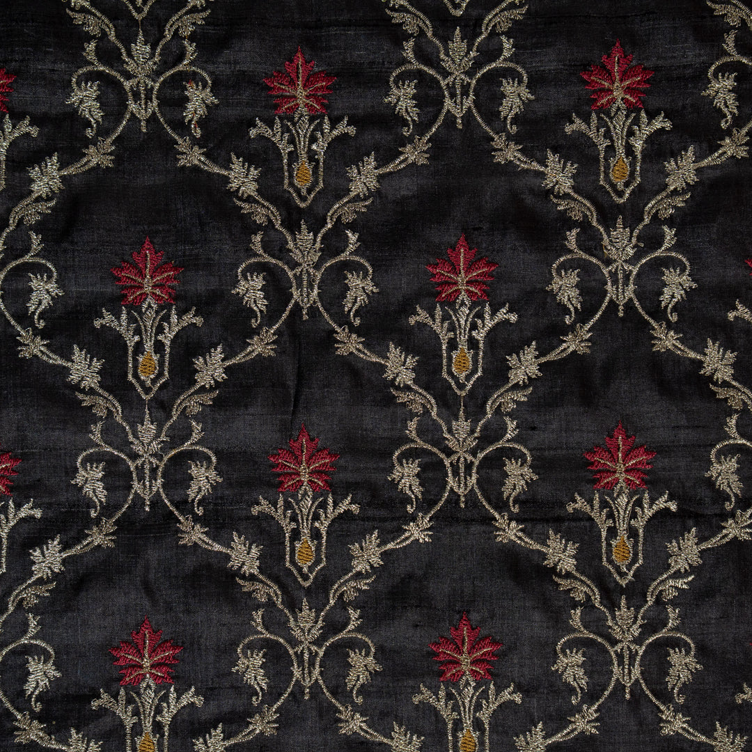 Black Tussar Silk Soheila Jaal Embroidered Fabric