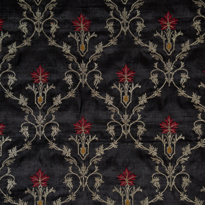 Black Tussar Silk Soheila Jaal Embroidered Fabric