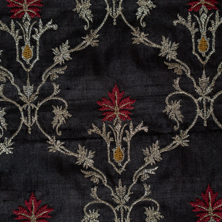 Black Tussar Silk Soheila Jaal Embroidered Fabric