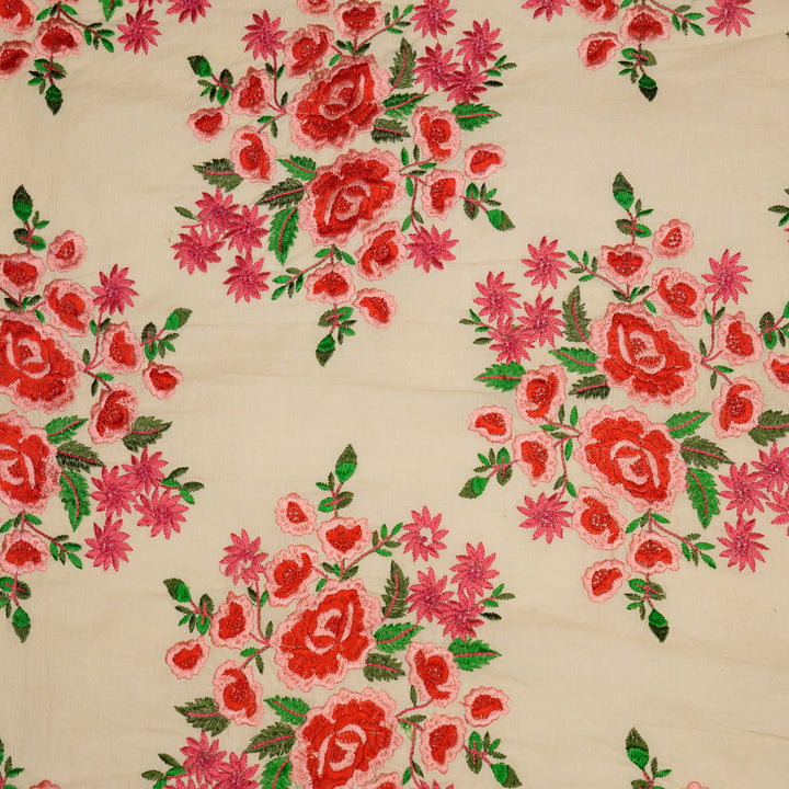 Vasanti Buta on Cream Red Semi Chanderi Embroidered Fabric