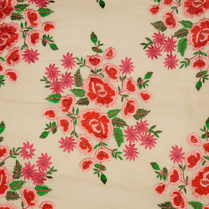 Vasanti Buta on Cream Red Semi Chanderi Embroidered Fabric