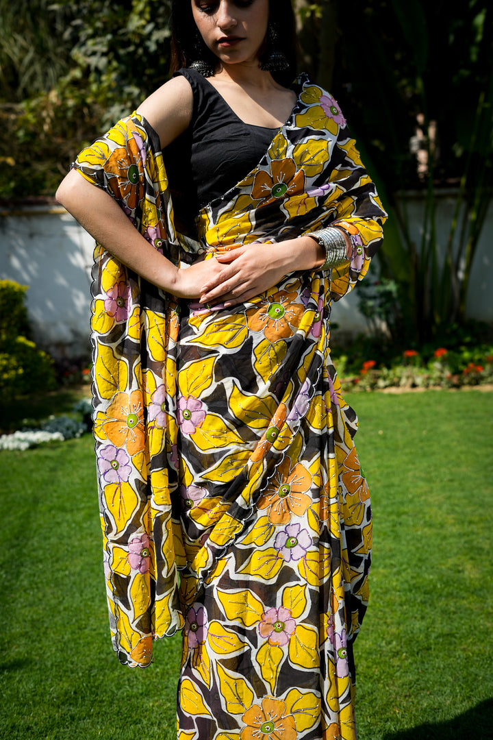 Amala Embroidered Saree on Yellow Pure Silk Georgette