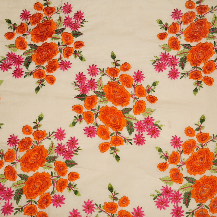 Vasanti Buta on Cream Orange Semi Chanderi Embroidered Fabric