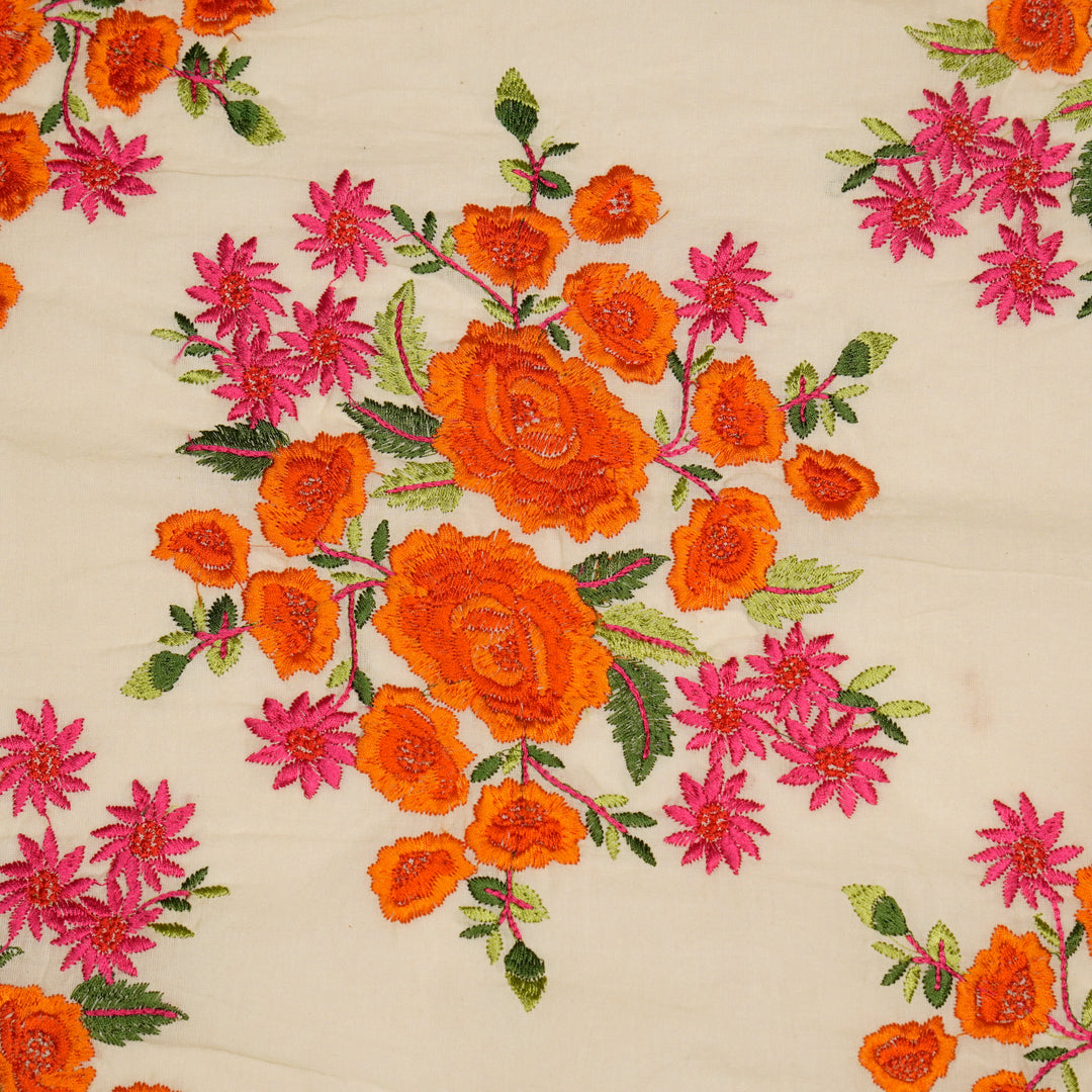Vasanti Buta on Cream Orange Semi Chanderi Embroidered Fabric
