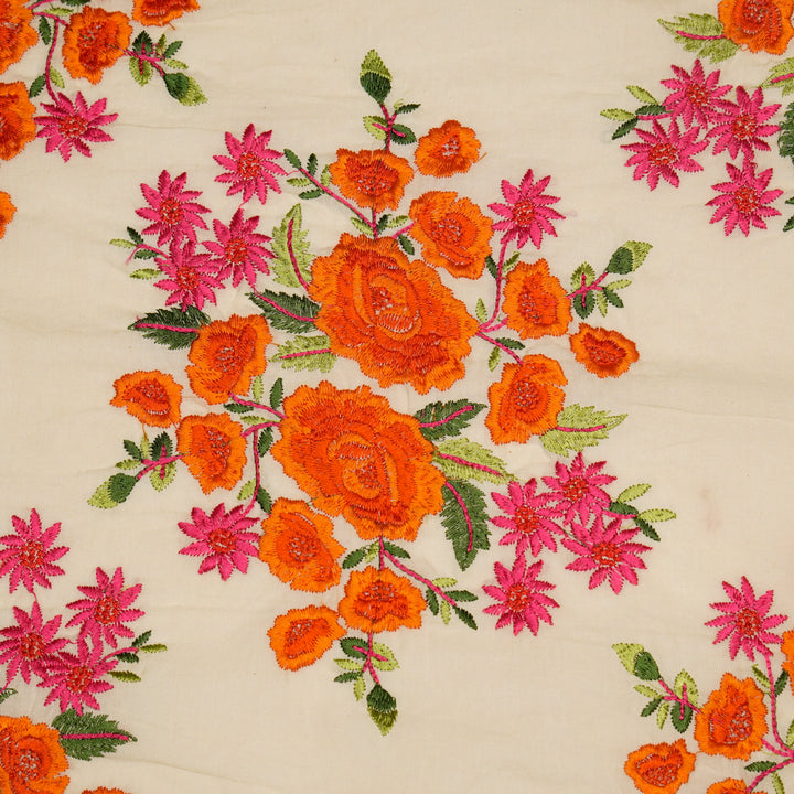 Vasanti Buta on Cream Orange Semi Chanderi Embroidered Fabric