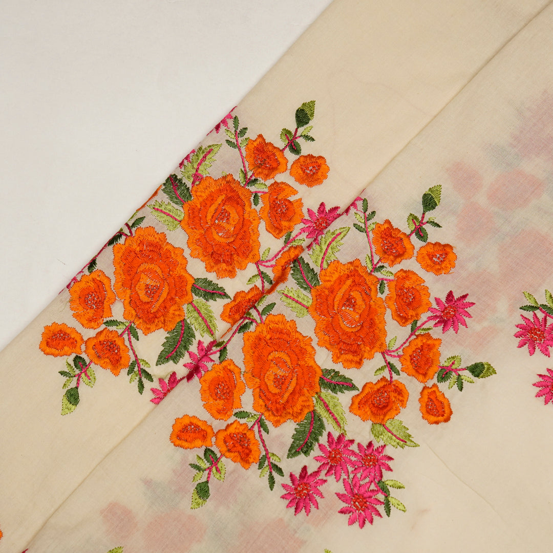 Vasanti Buta on Cream Orange Semi Chanderi Embroidered Fabric