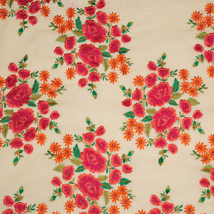 Vasanti Buta on Cream Fuxia Semi Chanderi Embroidered Fabric