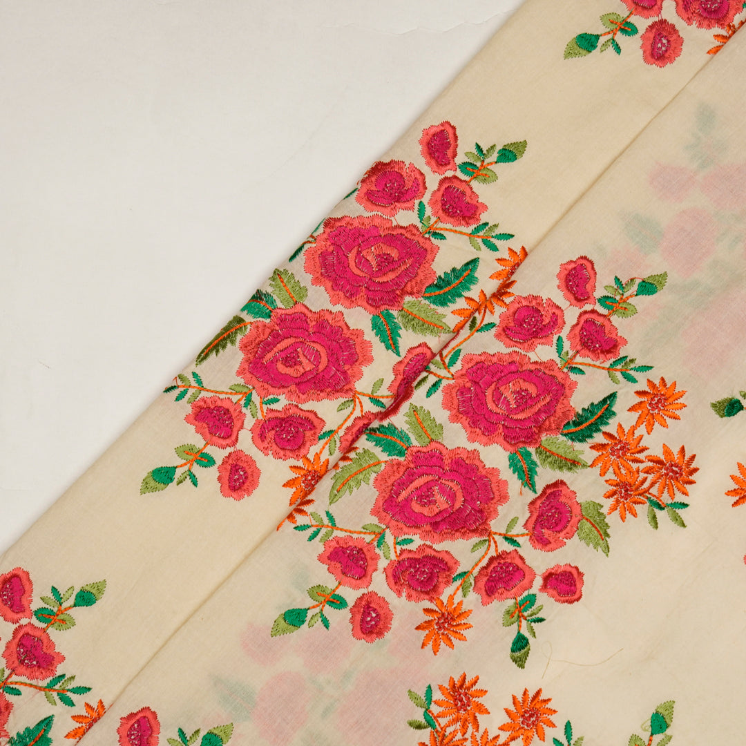 Vasanti Buta on Cream Fuxia Semi Chanderi Embroidered Fabric